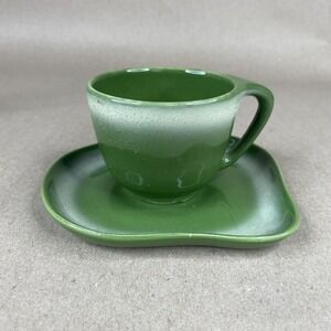 1950s TAMAC POTTERY Frosty Pine Cup & Saucer Set MID CENTURY PERRY OKLAHOMA Vtg
